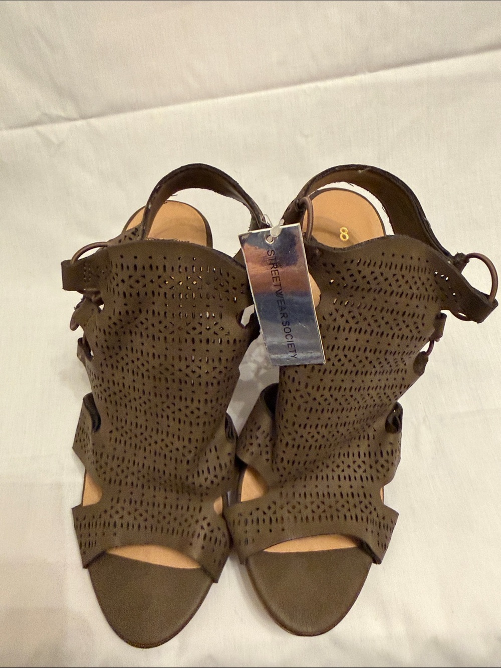 Streetwear Society Olive Brown Laser-Cut Heeled Sandals